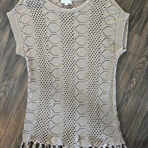 JOSEPH A. Boho/Hippie Chic Style Taupe Crochet Tunic Top/Vest w/ Fringe SIZE M